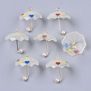 Printed Acrylic Pendants, ABS Plastic Imitation Pearl and Golden Plated Brass Loops, 3D Umbrella with Heart Pattern, Colorful, 20~21x20x20mm, Hole: 1.6mm(KY-S163-093B-02)