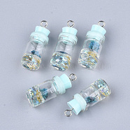 Glass Bottle Pendant Decorations, with Resin Rhinestone & Stopper, Dried Flower and Iron Findings, Platinum, Light Blue, 26~27x9.5~10mm, Hole: 1.8mm(X-GLAA-S181-05B)