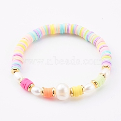Polymer Clay Heishi Beaded Stretch Bracelets, with Natural Pearl Beads and Brass Spacer Beads, Golden, Colorful, Inner Diameter: 2-3/8 inch(6.1cm)(BJEW-JB06026-04)