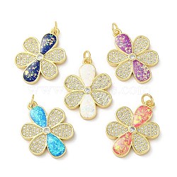 Brass Micro Pave Clear Cubic Zirconia Pendants, with Synthetic Opal and Jump Ring, Real 18K Gold Plated, Flower, Mixed Color, 24.5x17.5x2.5mm, Hole: 3.6mm(KK-C045-29G)