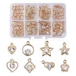 80Pcs 8 Styles Rack Plating Eco-Friendly Iron Pendants, with Crystal Rhinestone, Ring & Star & Heart & Flower & Rhombus Charms, Golden, 13.5~17.5x9.5~14.5x5~7mm, Hole: 1.4~1.6mm, 10Pcs/style(IFIN-FS0001-34)