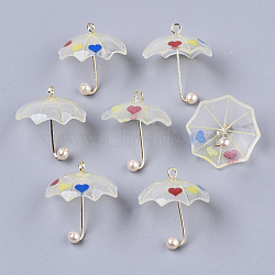 Printed Acrylic Pendants, ABS Plastic Imitation Pearl and Golden Plated Brass Loops, 3D Umbrella with Heart Pattern, Colorful, 20~21x20x20mm, Hole: 1.6mm(KY-S163-093B-02)