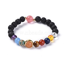 Universe Galaxy The Nine Planets Guardian Star, Natural Lava Rock and Natural Mixed Gemstone Beaded Stretch Bracelets, with Brass Findings, 2-1/4 inch(5.6cm)(X-BJEW-JB04185)