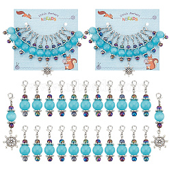 Round/Rudder Pendant Crochet Lobster Clasp Charms, Cat Eye & Acrylic & Alloy Locking Stitch Marker with Wine Glass Charm Ring, Light Blue, 4.2~6.5cm, 12pcs/set(HJEW-AB00404)