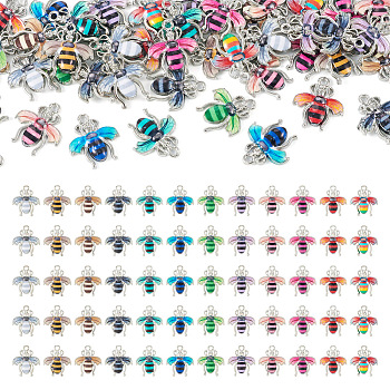 Pandahall 60Pcs 12 Colors Alloy Enamel Pendants, Bees Charm, Platinum, Mixed Color, 18x16x2.5mm, Hole: 1.6mm, 5pcs/color