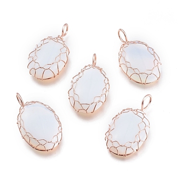 Opalite Pendants, Wire Wrapped Pendants, with Rose Gold Plated Brass Wire, Oval, 42.5x23x10mm, Hole: 5x7mm