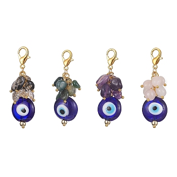 Natural Mixed Gemstone Nuggets Pendant Decorations, with Evil Eye Lampwork Beads and 304 Stainless Steel Lobster Claw Clasps, Mixed Color, 50mm