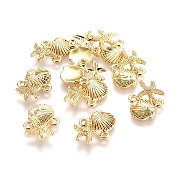 Alloy Links connectors, Ocean Theme, Lead Free & Nickel Free & Cadmium Free, Starfish/Sea Stars and Scallop Shell Shape, Real 14K Gold Plated, 18x13.5x2.5mm, Hole: 1.5mm