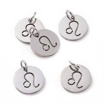 304 Stainless Steel Charms, Flat Round with Constellation/Zodiac Sign, Leo, 12x1mm, Hole: 3mm