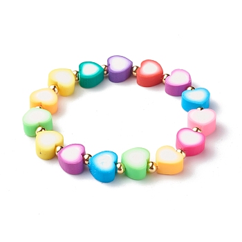 Handmade Polymer Clay Heart Beads Stretch Bracelets, with Brass Beads, Colorful, Inner Diameter: 2-1/2 inch(6.3cm)