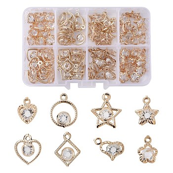 80Pcs 8 Styles Rack Plating Eco-Friendly Iron Pendants, with Crystal Rhinestone, Ring & Star & Heart & Flower & Rhombus Charms, Golden, 13.5~17.5x9.5~14.5x5~7mm, Hole: 1.4~1.6mm, 10Pcs/style