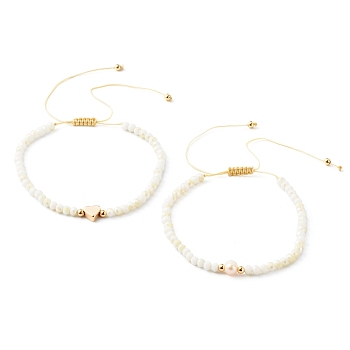 Adjustable Nylon Thread Braided Bead Bracelets Set, Faceted Rondelle Electroplate Glass Beads, Brass Bead, Heart, White, Inner Diameter: 2-1/2 inch(6.5~11.2cm), 2pcs/set