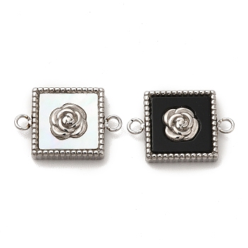 304 Stainless Steel Connector Charms, with Black Acrylic & Shell, Square Links with Rose, Stainless Steel Color, 10.5x15.5x3mm, Hole: 1.5mm