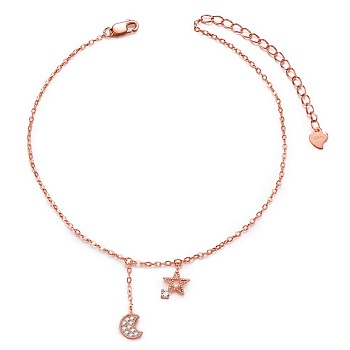 SHEGRACE 925 Sterling Silver Anklet, Micro Pave Grade AAA Cubic Zirconia Star and Moon, with S925 Stamp, Rose Gold, 8-1/4 inch(21cm)