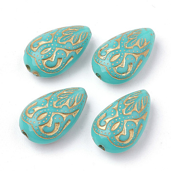 Teardrop Plating Acrylic Beads, Golden Metal Enlaced, Turquoise, 18x11.5x7.5mm, Hole: 1.5mm