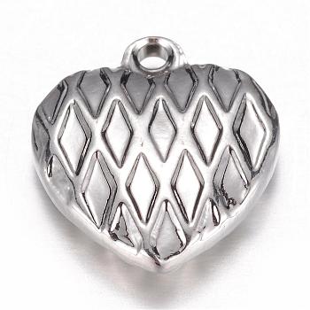 201 Stainless Steel Textured Charms, Heart with Rhombus Pattern, Stainless Steel Color, 13x12x3mm, Hole: 1mm