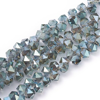 Electroplate Glass Beads Strands, Top Drilled Beads, Full Rainbow Plated, Faceted, Hexagon, Cadet Blue, 8x6x8mm, Hole: 1.2mm, about 100pcs/strand, 15.7 inch(40cm)