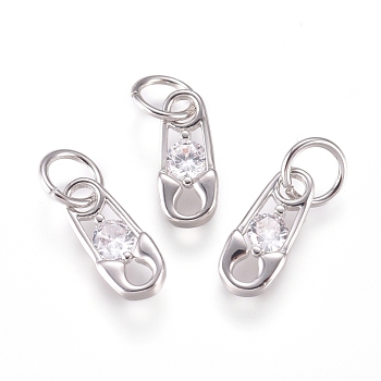 Brass Charms, with Cubic Zirconia and Jump Rings, Safety Pin, Clear, Platinum, 10x4.5x2mm, Hole: 3.5mm
