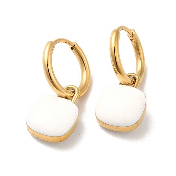 Enamel Square Padlock Dangle Hoop Earrings, Golden 304 Stainless Steel Jewelry for Women, White, 24mm, Pin: 1mm