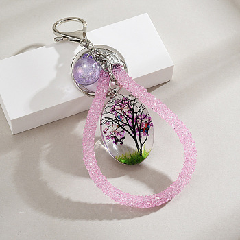 Oval Shape Tree of Life Dried Flower & Glass Keychain, with Iron Key Rings, for Bag Accessories, Medium Purple, 15cm
