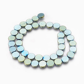 Electroplated Non-magnetic Synthetic Hematite Beads Strands, Polish, Flat Round, Green Plated, 10x2mm, Hole: 0.8mm, about 41pcs/strand, 15.94 inch(40.5cm)