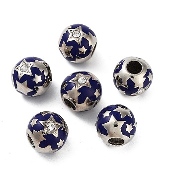 Platinum Plated Alloy Enamel European Beads, with Rhinestone, Large Hole Beads, Round with Star Pattern, Midnight Blue, 13.5x13mm, Hole: 5.4mm