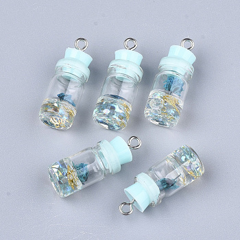 Glass Bottle Pendant Decorations, with Resin Rhinestone & Stopper, Dried Flower and Iron Findings, Platinum, Light Blue, 26~27x9.5~10mm, Hole: 1.8mm