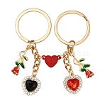 Valentine's Day Alloy Rhinestone Keychain, with Mmagnet and Iron Rings, Heart Flower, Golden, 75mm(KEYC-YW00184)