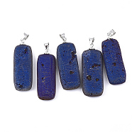 Electroplate Natural Druzy Geode Agate Pendants, with Brass Findings, Rectangle, Platinum, Blue, 33~34x11~12x5~6mm, Hole: 4.5x4mm(G-S344-62A-03)