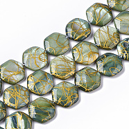 Drawbench Freshwater Shell Beads Strands, Dyed, Hexagon, Medium Sea Green, 18~20x17.5~18.5x3.5~5.5mm, Hole: 1mm, about 21pcs/Strand, 15.16 inch~15.98 inch(SHEL-T014-013E)
