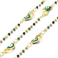 Handmade Brass Enamel Heart with Evil Eye Link Chain, with Glass Beads, Soldered, with Spool, Cadmium Free & Lead Free, Real 18K Gold Plated, Heart: 14x6.5x3mm(CHC-I045-17G)