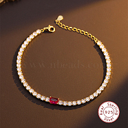 925 Sterling Silver Rectangle Link Chain Bracelet, Cubic Zirconia Tennnis Bracelets for Women, Real 18K Gold Plated, 6-1/4 inch(16cm)(HV4150-1)