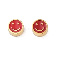 Ion Plating(IP) 304 Stainless Steel Enamel Beads, Flat Round with Smiling Face, Golden, Red, 5x2.5mm, Hole: 1.2mm(STAS-I309-12D)