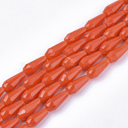 Opaque Solid Color Glass Beads Strands, Imitation Jade, Faceted, Teardrop, Orange Red, 9~10x4mm, Hole: 1mm, about 72pcs/Strand, 26.38~27.17 inch(67~69cm)(GLAA-T009-001B)
