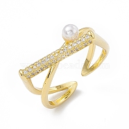 Rack Plating Eco-Friendly Brass Micro Pave Clear Cubic Zirconia Rings, with Plastic Imitation Pearl, Long-Lasting Plated, Lead Free & Cadmium Free, Criss Cross Ring, Cuff Ring, Real 18K Gold Plated, 3~6.5mm, Inner Diameter: 18mm(RJEW-B025-02G)