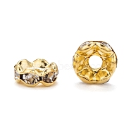Brass Rhinestone Spacer Beads, Grade A, Waves Edge, Rondelle, Golden Color, Clear, Size: about 6mm in diameter, 3mm thick, hole: 1.5mm(RB-A006-6MM-G)