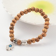 Wood Beaded Stretch Bracelets, with Natural Gemstone Beads and Alloy Findings, Buddha and Hamsa Hand/Hand of Fatima/Hand of Miriam, 61mm(BJEW-JB02126-01)