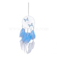 Woven Net/Web with Feather & Butterfly Pendant Decorations, Cotton Wrapped Iron Hanging Ornament, Sky Blue, 660mm, 1pc/box(AJEW-FH0003-42B)