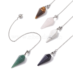 Natural & Synthetic Mixed Gemstone Pointed Dowsing Pendulums, with 304 Stainless Steel Cable Chains, Cone, 230mm, Pendants: 35~38x15x13mm(PALLOY-JF02609-02)