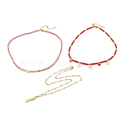Wing & Cross & Heart & Star Pendant Necklaces for Girl Women, Glass Beaded Necklaces, Golden, Red, inch(36~45cm), 3pcs/set(NJEW-JN03688)