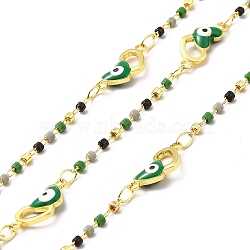 Handmade Brass Enamel Heart with Evil Eye Link Chain, with Glass Beads, Soldered, with Spool, Cadmium Free & Lead Free, Real 18K Gold Plated, Heart: 14x6.5x3mm(CHC-I045-17G)