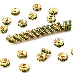 Brass Grade A Rhinestone Spacer Beads, Golden Plated, Rondelle, Nickel Free, Peridot, 6x3mm, Hole: 1mm(RSB036NF-10G)