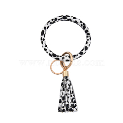 Leopard Print Pattern PU Imitaition Leather Bangle Keychains, Wristlet Keychain with Tassel & Alloy Ring, White, 200x100mm(KEYC-PW0009-08A)