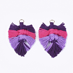 Gradient Color Polycotton(Polyester Cotton) Tassel Big Pendant, with Iron Findings, Leaf, Light Gold, Colorful, 53~60x40~45x5~6mm, Hole: 5.5mm(FIND-S304-02G)