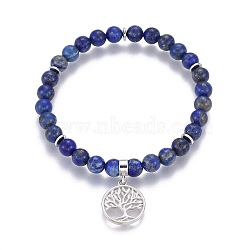 Natural Lapis Lazuli Charm Bracelets, with Brass Findings, Flat Round with Tree of Life, 2-1/8 inch(5.5cm)~2-1/4 inch(5.6cm), beads: 6~6.5mm, Pendant: 18x15~15.5x2mm(BJEW-I275-B06)