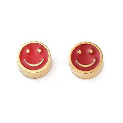 Ion Plating(IP) 304 Stainless Steel Enamel Beads, Flat Round with Smiling Face, Golden, Red, 5x2.5mm, Hole: 1.2mm(STAS-I309-12D)