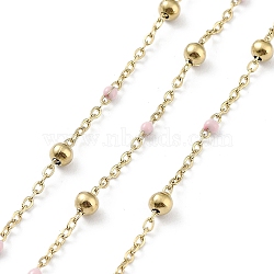 Ion Plating(IP) 304 Stainless Steel Cable Chain, with Enamel, Soldered, Pink, Beads: 3.5~3.6x3.5mm, Link: 5x2x2mm and 2x1.5x0.3mm(CHS-F019-01G-07)