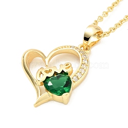 Cubic Zirconia Heart with Word Love Pendant Necklace, Gold Plated Brass Jewelry for Women, Green, 15.75 inch(40cm)(NJEW-F293-02C-G)