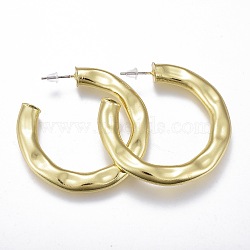 Textured Brass Stud Earrings, Half Hoop Earrings, Long-Lasting Plated, with Steel Pins and Plastic Ear Nuts, Ring, Real 18K Gold Plated, 45x5.5mm, Pin: 0.7mm(EJEW-I250-02A)