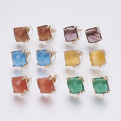 Faceted Glass Stud Earring Findings, with Loop, Light Gold Plated Brass Findings, Square, Mixed Color, 11x10x5mm, Hole: 1mm, Pin: 0.8mm(GLAA-F084-C)